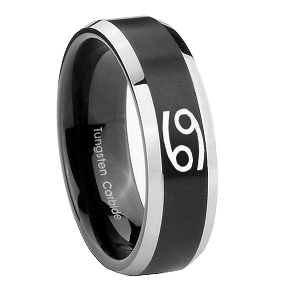 8mm Cancer Horoscope Beveled Brush Black 2 Tone Tungsten Custom Ring for Men