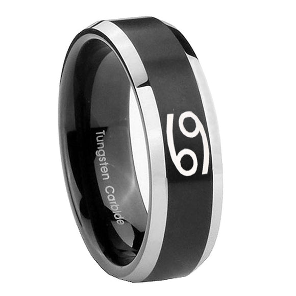 10mm Cancer Horoscope Beveled Brush Black 2 Tone Tungsten Wedding Band Mens