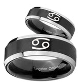 His Hers Cancer Horoscope Beveled Brush Black 2 Tone Tungsten Men's Ring Set