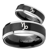 His Hers Capricorn Zodiac Beveled Brush Black 2 Tone Tungsten Mens Ring Set