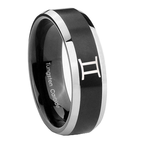 10mm Gemini Zodiac Beveled Edges Brush Black 2 Tone Tungsten Wedding Bands Ring