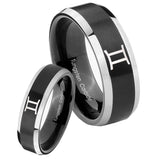 His Hers Gemini Zodiac Beveled Brush Black 2 Tone Tungsten Mens Bands Ring Set