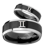 His Hers Gemini Zodiac Beveled Brush Black 2 Tone Tungsten Mens Bands Ring Set