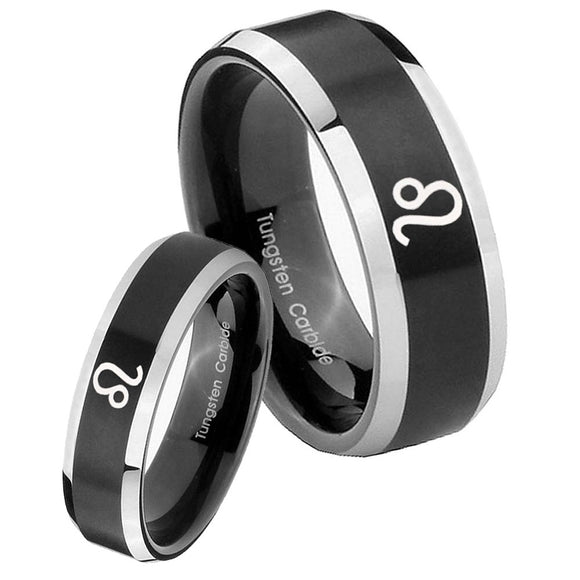 His Hers Leo Zodiac Beveled Edges Brush Black 2 Tone Tungsten Men's Ring Set