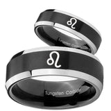 His Hers Leo Zodiac Beveled Edges Brush Black 2 Tone Tungsten Men's Ring Set