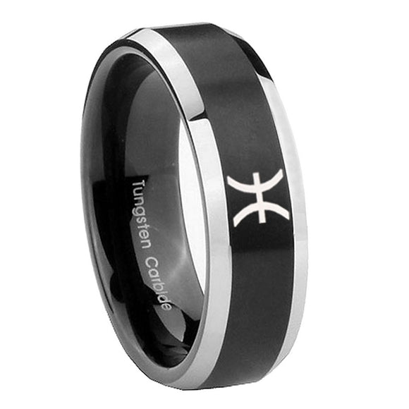 10mm Pisces Zodiac Beveled Edges Brush Black 2 Tone Tungsten Anniversary Ring