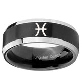 10mm Pisces Zodiac Beveled Edges Brush Black 2 Tone Tungsten Anniversary Ring