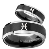 His Hers Pisces Zodiac Beveled Brush Black 2 Tone Tungsten Men's Band Set