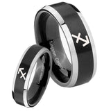 His Hers Sagittarius Zodiac Beveled Brush Black 2 Tone Tungsten Mens Ring Set