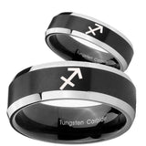 His Hers Sagittarius Zodiac Beveled Brush Black 2 Tone Tungsten Mens Ring Set