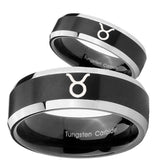 His Hers Taurus Horoscope Beveled Brush Black 2 Tone Tungsten Mens Ring Set