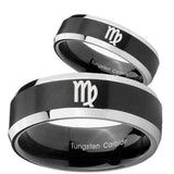 His Hers Virgo Zodiac Beveled Brush Black 2 Tone Tungsten Men's Promise Rings Set