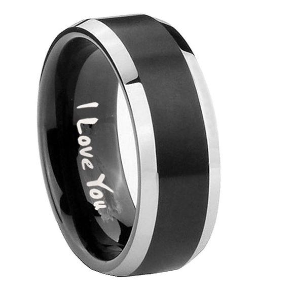 10mm I Love You Beveled Brush Black 2 Tone Tungsten Wedding Engagement Ring