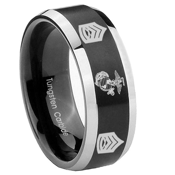 10mm Marine Army Sergeant Beveled Brush Black 2 Tone Tungsten Mens Ring Personalized