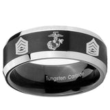 8mm Marine Army Sergeant Beveled Edges Brush Black 2 Tone Tungsten Wedding Band Mens