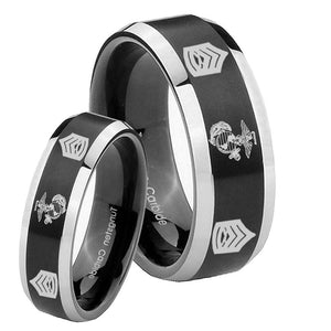 His Hers Marine Army Sergeant Beveled Brush Black 2 Tone Tungsten Mens Band Set