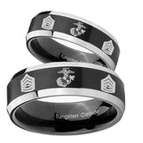 His Hers Marine Army Sergeant Beveled Brush Black 2 Tone Tungsten Mens Band Set