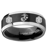 8mm Marine Chief Master Sergeant  Beveled Brush Black 2 Tone Tungsten Wedding Band Ring