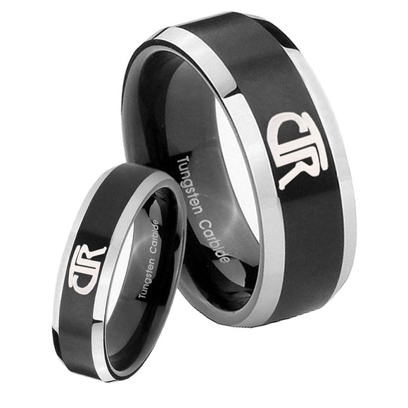 His Hers CTR Beveled Edges Brush Black 2 Tone Tungsten Men's Wedding Ring Set