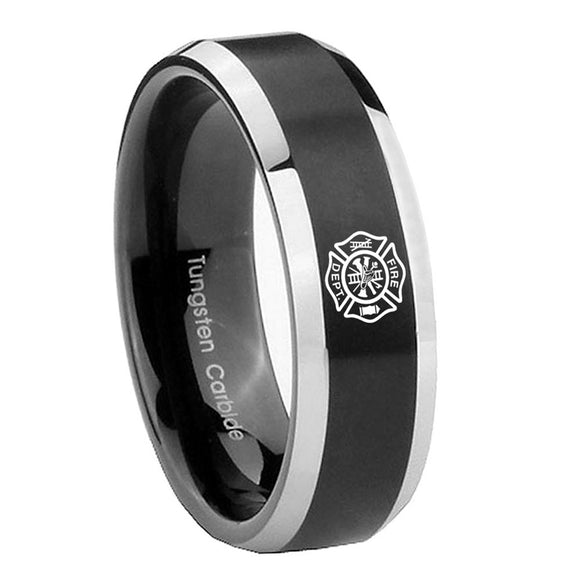 10mm Fire Department Beveled Edges Brush Black 2 Tone Tungsten Bands Ring