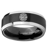 10mm Fire Department Beveled Edges Brush Black 2 Tone Tungsten Bands Ring