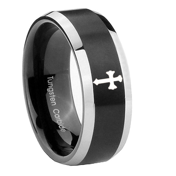 10mm Flat Christian Cross Beveled Brush Black 2 Tone Tungsten Engraved Ring