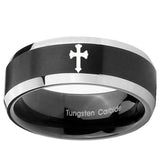 10mm Flat Christian Cross Beveled Brush Black 2 Tone Tungsten Engraved Ring