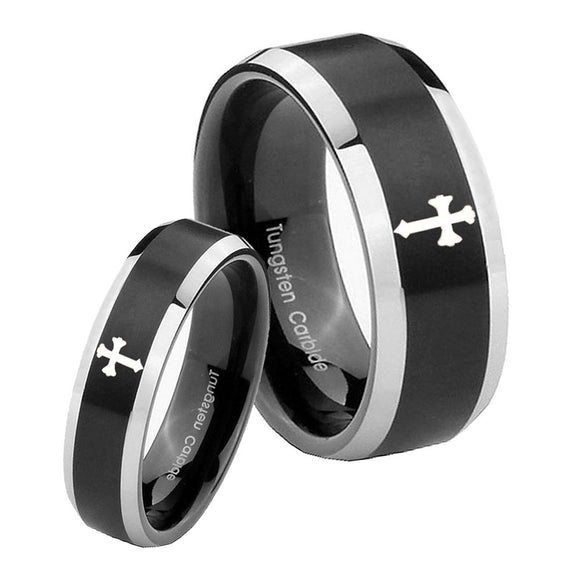 His Hers Flat Christian Cross Beveled Brush Black 2 Tone Tungsten Bands Ring Set