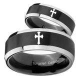 His Hers Flat Christian Cross Beveled Brush Black 2 Tone Tungsten Bands Ring Set