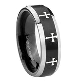 10mm Multiple Christian Cross Beveled Brush Black 2 Tone Tungsten Bands Ring