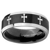 10mm Multiple Christian Cross Beveled Brush Black 2 Tone Tungsten Bands Ring