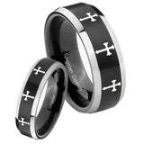His Hers Multiple Christian Cross Beveled Brush Black 2 Tone Tungsten Promise Ring Set