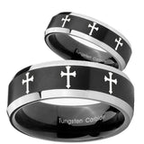 His Hers Multiple Christian Cross Beveled Brush Black 2 Tone Tungsten Promise Ring Set