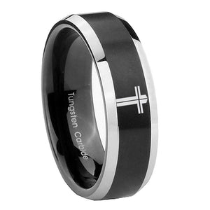 8mm Flat Christian Cross Beveled Brush Black 2 Tone Tungsten Mens Bands Ring