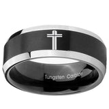 8mm Flat Christian Cross Beveled Brush Black 2 Tone Tungsten Mens Bands Ring