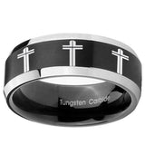 10mm Multiple Christian Cross Beveled Brush Black 2 Tone Tungsten Men's Ring