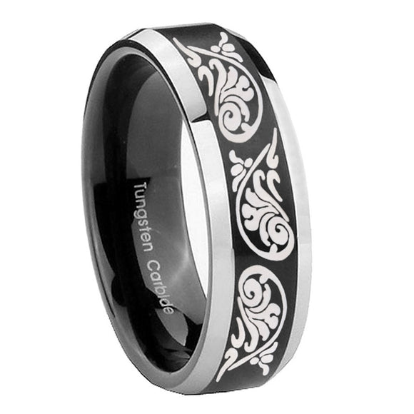 8mm Etched Tribal Pattern Beveled Brush Black 2 Tone Tungsten Rings for Men