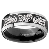 10mm Etched Tribal Pattern Beveled Brush Black 2 Tone Tungsten Engraved Ring