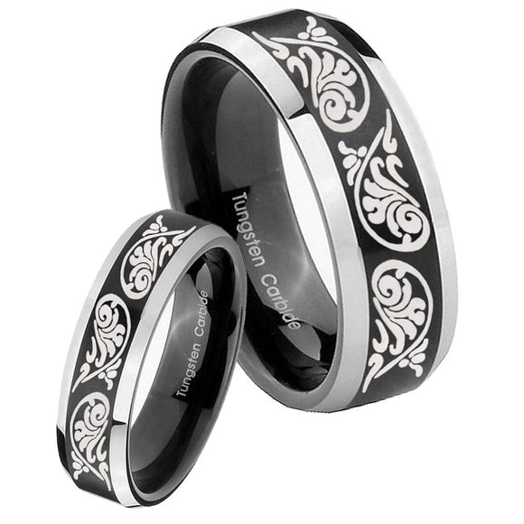 His Hers Etched Tribal Pattern Beveled Brush Black 2 Tone Tungsten Rings Set