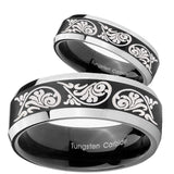 His Hers Etched Tribal Pattern Beveled Brush Black 2 Tone Tungsten Rings Set