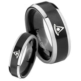 His Hers Pester Master Masonic Beveled Brush Black 2 Tone Tungsten Mens Ring Set