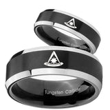 His Hers Pester Master Masonic Beveled Brush Black 2 Tone Tungsten Mens Ring Set