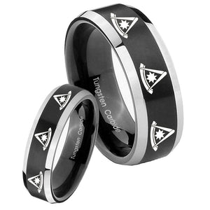 His Hers Multiple Pester Master Masonic Beveled Brush Black 2 Tone Tungsten Men Ring Set