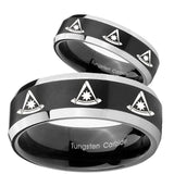 His Hers Multiple Pester Master Masonic Beveled Brush Black 2 Tone Tungsten Men Ring Set