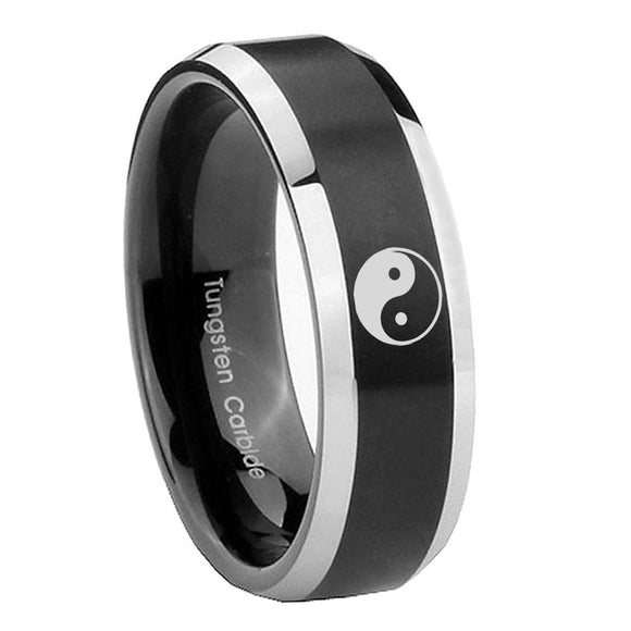 10mm Yin Yang Beveled Edges Brush Black 2 Tone Tungsten Mens Engagement Band