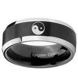 10mm Yin Yang Beveled Edges Brush Black 2 Tone Tungsten Mens Engagement Band