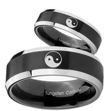 His Hers Yin Yang Beveled Edges Brush Black 2 Tone Tungsten Bands Ring Set