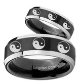 His Hers Multiple Yin Yang Beveled Brush Black 2 Tone Tungsten Custom Mens Ring Set