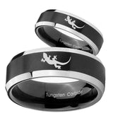 His Hers Lizard Beveled Edges Brush Black 2 Tone Tungsten Custom Ring for Men Set