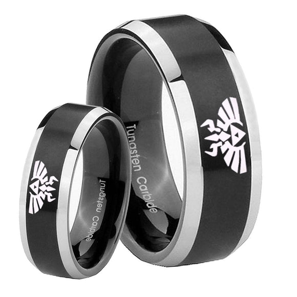 His Hers Zelda Skyward Sword Beveled Brush Black 2 Tone Tungsten Men's Ring Set